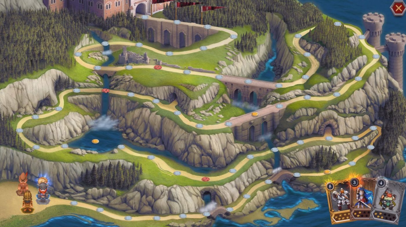 The XTICS adventure map: a path winding through cliffs, bridges and castles, with character cards